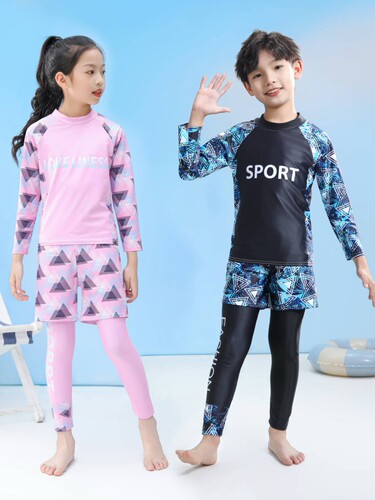 New children's swimsuit for boys and girls, long-sleeved trousers, three-piece sunscreen quick-drying suit, warm swimming suit for small and middle children
