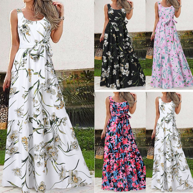 2022 New Amazon ebay Explosions European and American wish Summer Printed Casual Long Dress Belt Dress