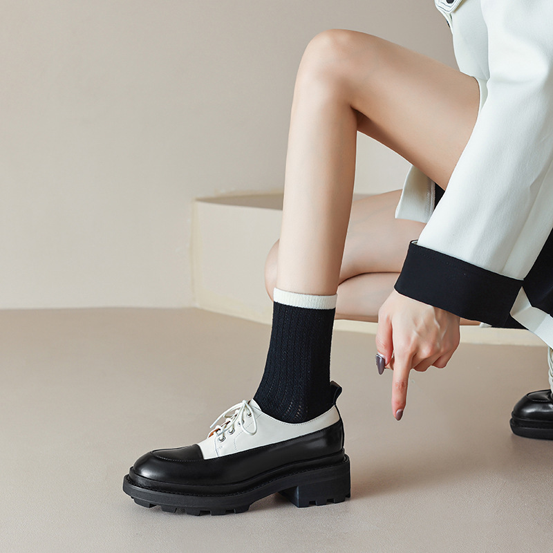 Low-top shoes for women 2023 autumn new women's shoes thick bottom flat fashion shoes cowhide lace-up color matching gold single-layer shoes for women