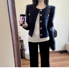 小香风外套短款2025长袖复古秋季气质圆领新款法式藏青色上衣女