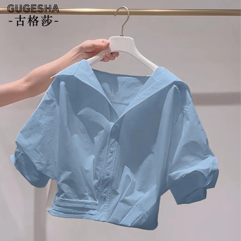 Wow~フランスの美しい女性用半袖トップス、新しい夏スタイル、レイジースタイル、年齢を軽減するラペルパフスリーブショートシャツ|undefined