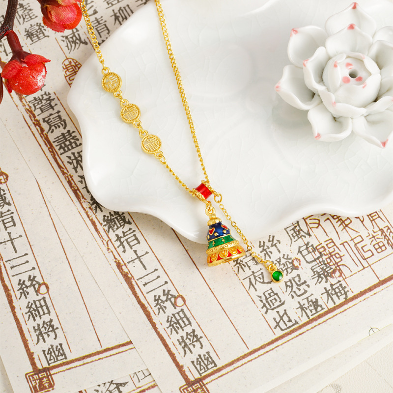Collar de oro de arena antigua vietnamita, sentido de diseño, esmalte de color, campana, colgante de borla, joyería retro femenina que no se desvanece durante mucho tiempo