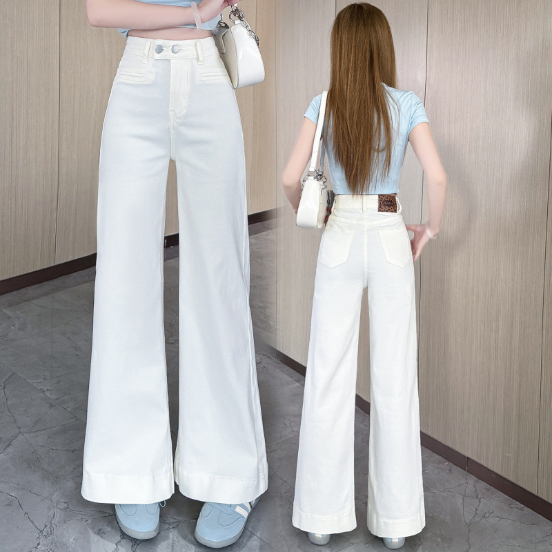 2026 Summer Versatile Denim High-Stretch Two-Button Versatile Flared Wide-Leg Pants for Women 145 Petite Size