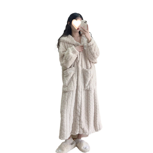 Jacquard coral velvet pajamas for women in winter with velvet thick warm flannel long hooded autumn and winter pure color nightgown
