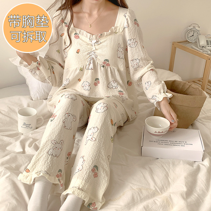 Más tamaño de manga larga pijamas de las mujeres tejidas con volantes con cuello en V Jersey de algodón de otoño e invierno dulce ropa de casa casual con el pecho pad traje