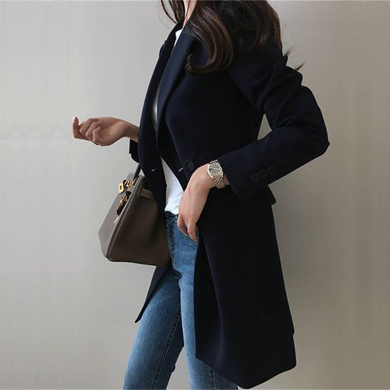 Double-Breasted Single-Button Simple Casual Blazer for Women, 2026 Autumn New Korean Style, Slimming Waist-Cinching Mid-Length Suit Jacket