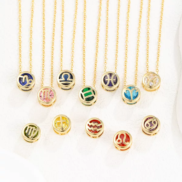 European and American Personalized Stereo Twelve Constellations Necklace Zircon Double-Sided Cut Out Birthstone Pendant Colorfuled Gemstone Clavicle Chain