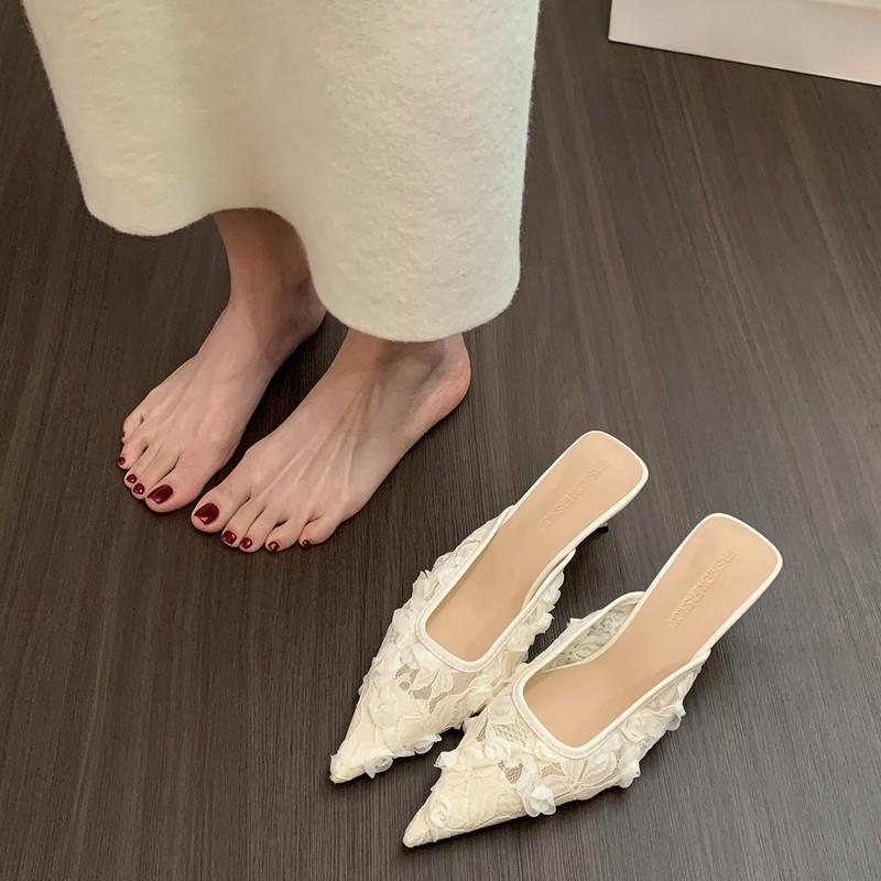 優しい気質メッシュローズつま先ハーフスリッパ夏の新しいスティレットヒール大きいサイズの婦人靴クロスボーダー卸売スリッパ|undefined