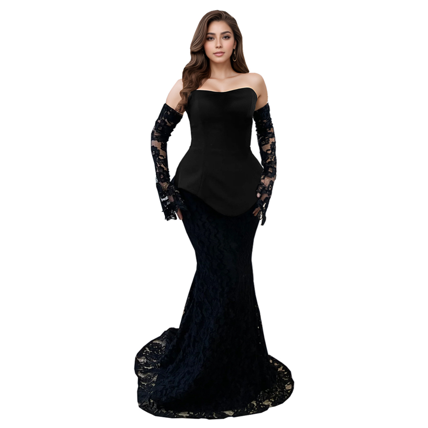 C7299 Cross-border AliExpress Amazon Moda europea y americana para mujer Traje de dos piezas de falda larga de encaje transparente superior de tubo sexy