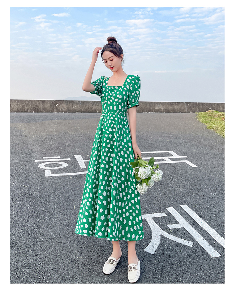 Sexy Short-sleeved Korean Hepburn-style Elegant Dress, A-line Chiffon, Pure And Alluring, Plus-size, Green Floral_ecoleips.com