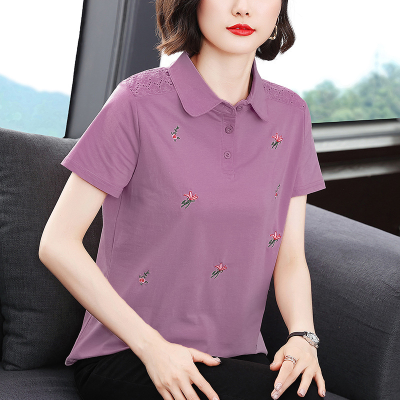 Purple short sleeve polo shirt women's summer 2024 new summer lapel cotton loose plus size meat covering women's clothing wholesale