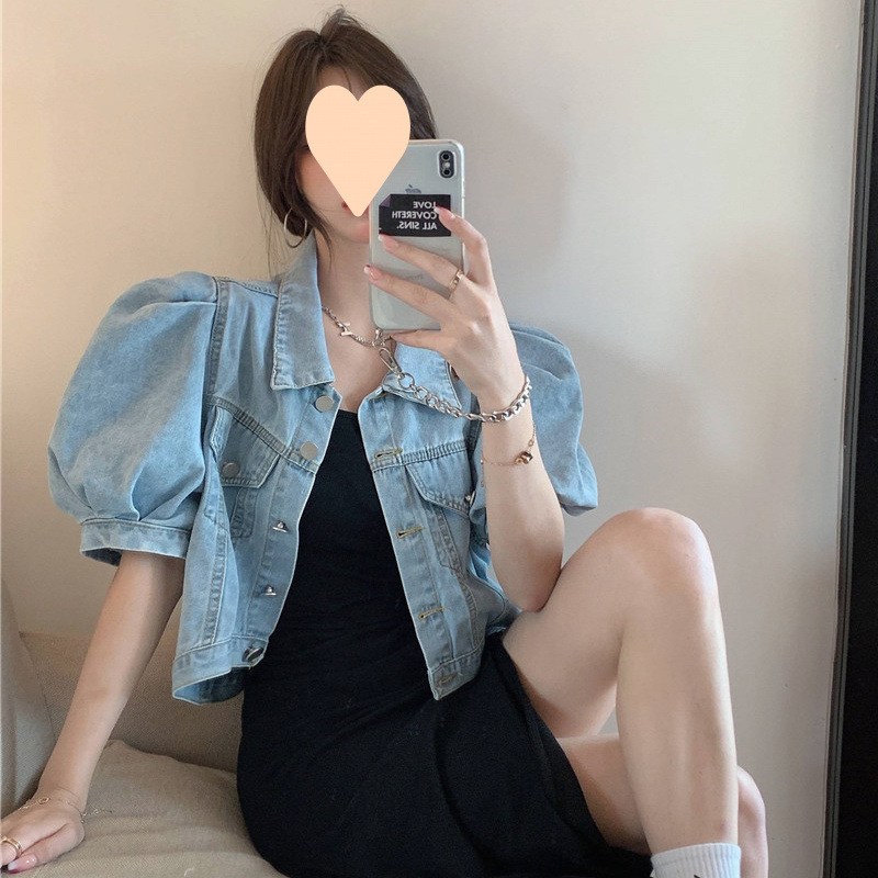 Short Denim Jacket for Women, Summer Short-Sleeved Loose Jacket, Puff Sleeve Design, Niche Cardigan, Thin High-Waisted Top