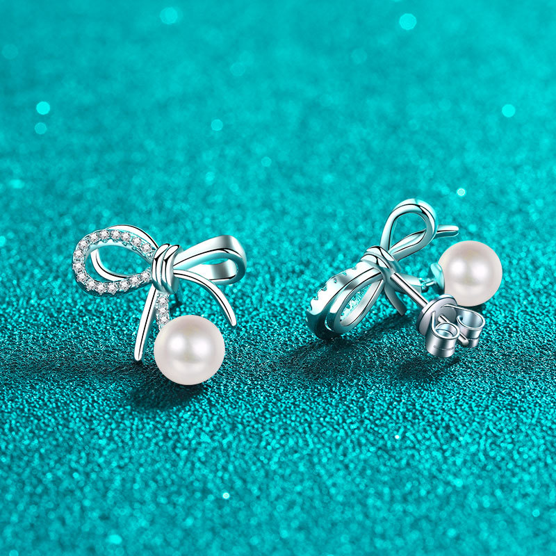 D Colour Moissanite Pearl Bowknot Drop Earrings Sterling Silver_voghion.com