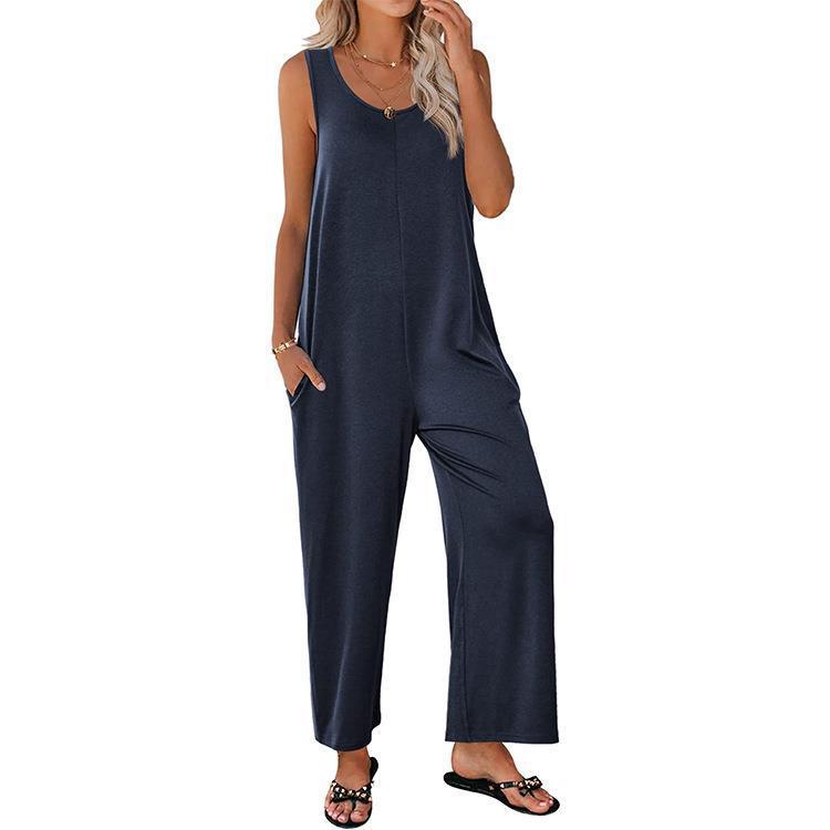 2024 Comercio exterior transfronterizo Amazon Europa y América del verano de las mujeres Sling flojo recto color sólido pierna ancha pantalones de una pieza liguero
