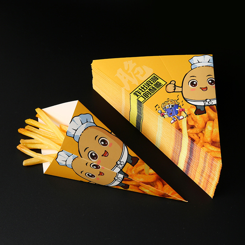 Caja de embalaje de papas fritas cónicas desechables comerciales sin plegables, caja de huevos para llevar, caja de embalaje de papas fritas triangulares image 7