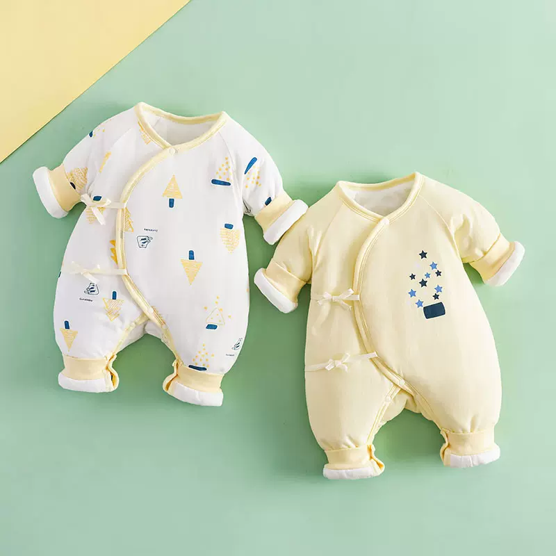宝宝冬季加厚棉衣新生儿无骨系带150g棉爬爬服哈衣婴儿连体衣
