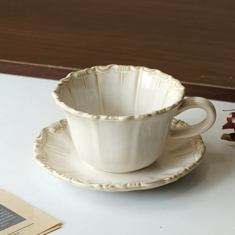 French Retro Ceramic Embossed Coffee Cup and Saucer Set Mug Afternoon Tea Cup Latte Cup