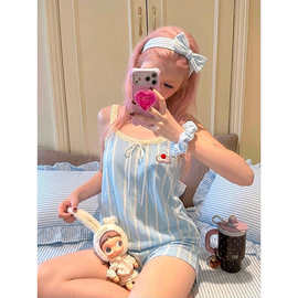 可爱少女风条纹卡通睡衣女夏季新款大码舒适吊带短裤一体式家居服