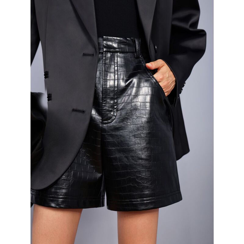 2902-1 Genuine Leather Shorts New Style Sheepskin Crocodile Embossed Minimalist Versatile Slimming Bermuda Shorts