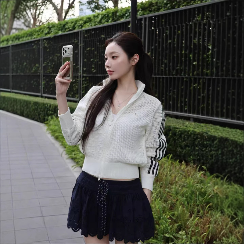 High-Quality 26 Clover Embroidery Double-Zipper Hollow-Out Knit Sports Cardigan, Age-Reducing Loose Thin Versatile Jacket