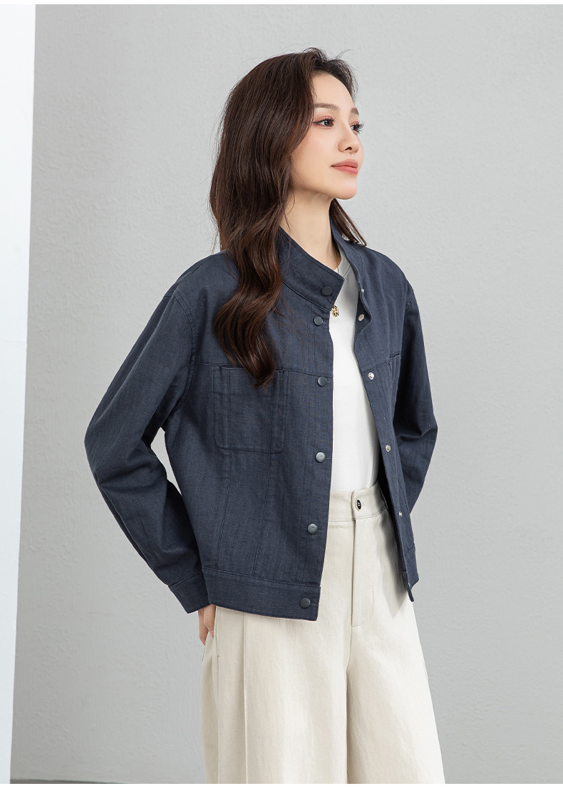 Áo khoác nữ dáng dài cổ đứng tay dài phong cách Hàn Quốc chất liệu ramie cotton thoáng mát — Xám xanh chi tiết 19