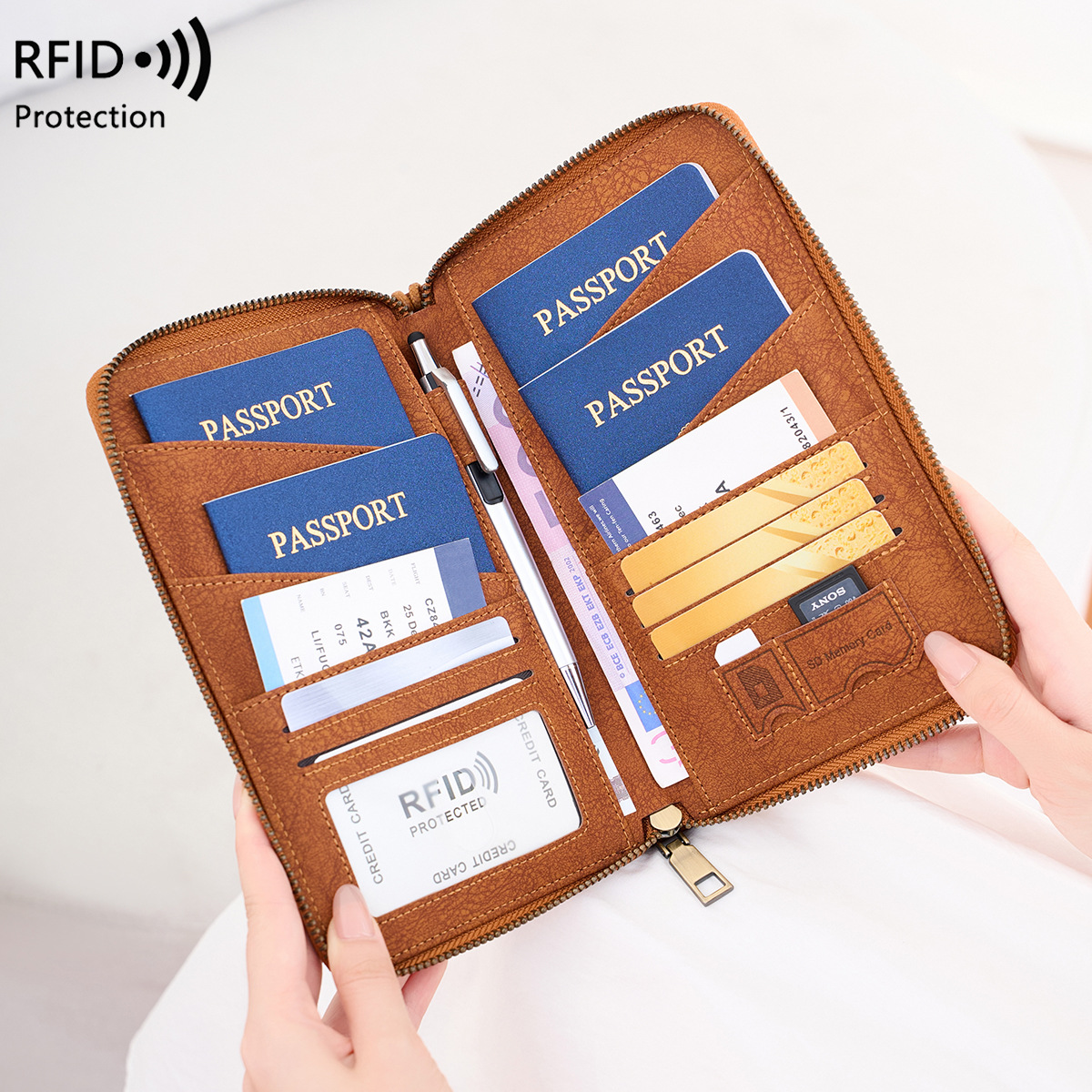 Sınır ötesi yeni RFID anti-manyetik pasaport çantası uzun fermuarlı pasaport tutucu çok fonksiyonlu seyahat bileti depolama belge çantası