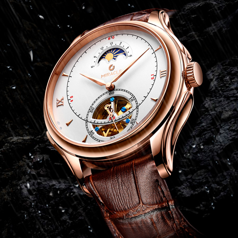 Đồng hồ cơ nam automatic lộ máy tourbillon vỏ hồng trắng dây da cà phê — Vỏ hồng trắng da cà phê