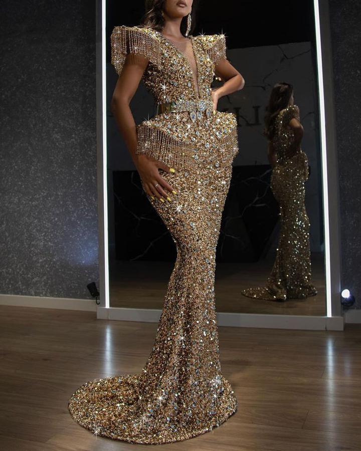 Autumn and Winter Cross-Border Foreign Trade Women's Clothing Independent Site Ebay Sexy Sequin Tassel Trailing Evening Dress Bodycon Dress