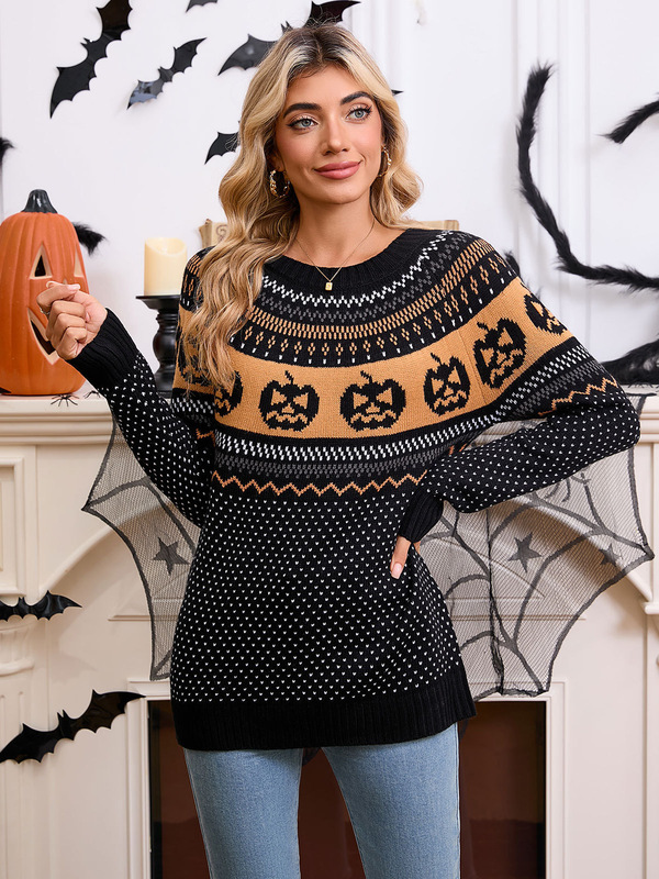 ヨーロッパとアメリカの秋と冬の女性用セーター Amazon クロスボーダー ハロウィン カボチャ刺繍レトロ水玉模様の女性用長袖セーター|undefined