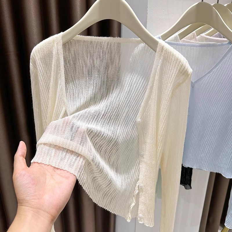 薄いアイスシルクとサスペンダースカート付きの女性用日焼け止めブラウス、夏用の紫色のわずかに透ける空調シャツ、ニットカーディガンとチョッキ|undefined
