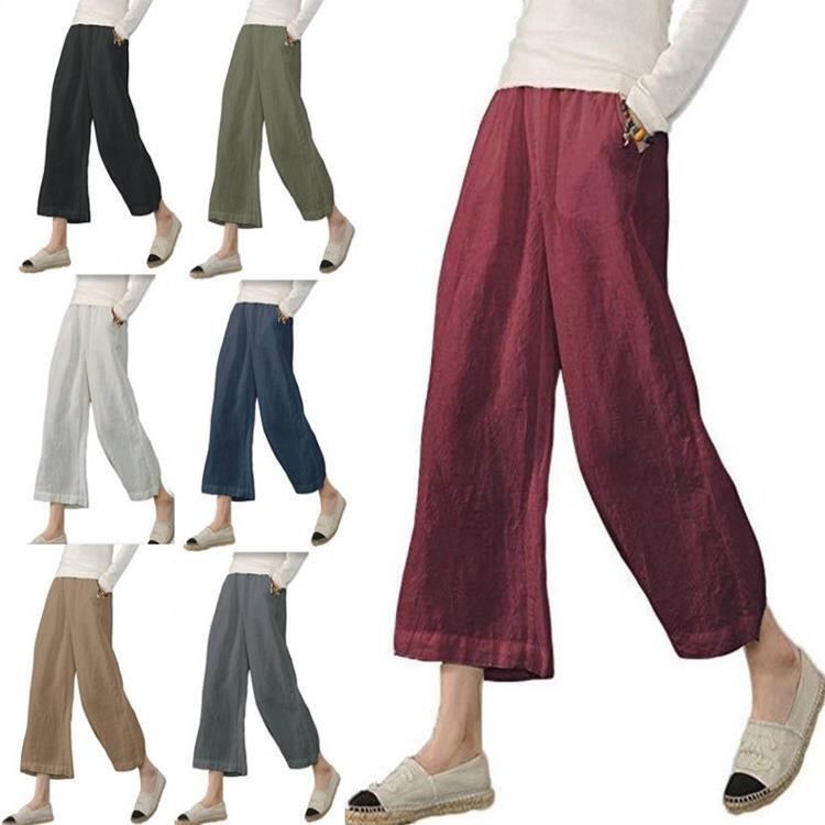 2023 Women's Spring/Summer Ebay Solid Color Cotton Linen Loose Casual Wide-Leg Cropped Pants Women's Cotton Linen Wide-Leg Pants for Summer