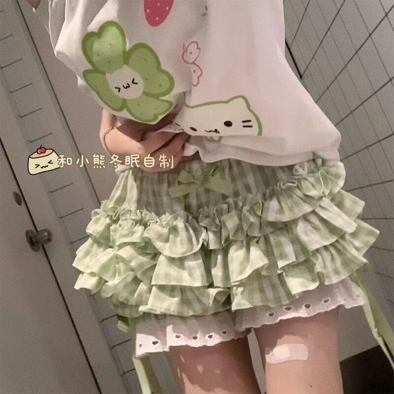 Cute Green and White Plaid Bow Elastic Versatile Petite 2025 Summer New Lace Puffy Skirt Pants