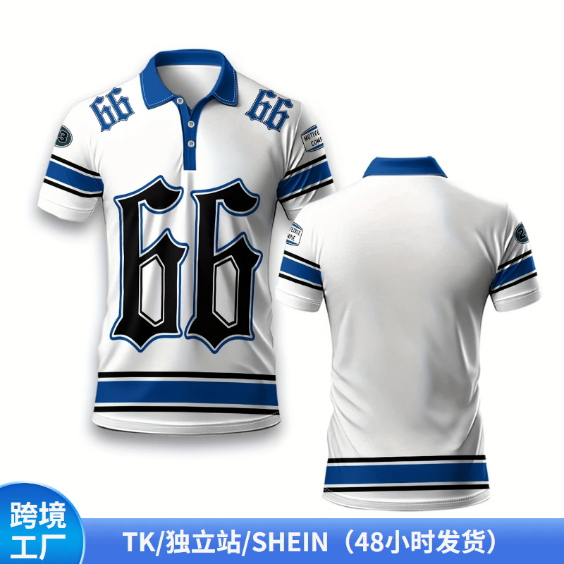 Shein Cross-Border Printed Digital Polo Shirt Men's American Jersey 3D Digital Printing Lapel Short-Sleeved Sports Top