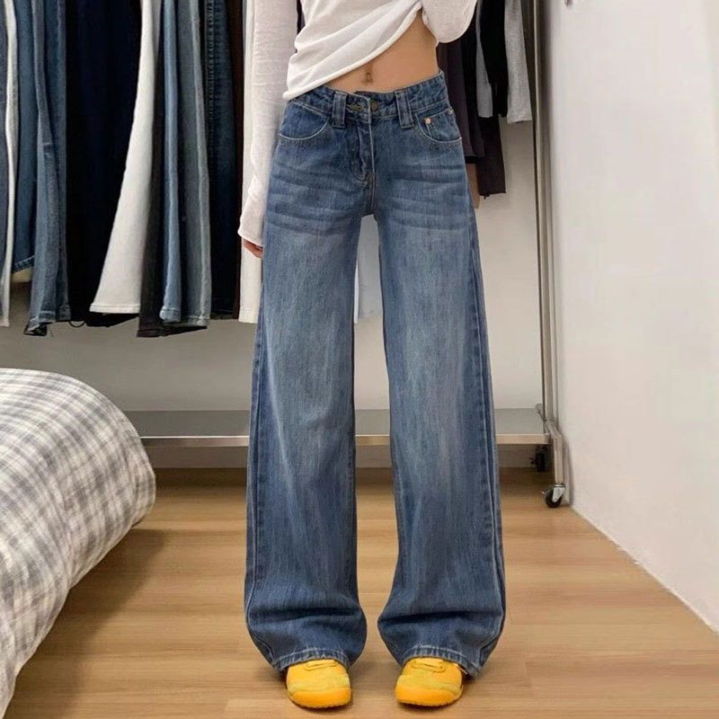 Loose Straight-Leg Jeans with Back Pocket Design for Women, American Style, Plus Size, Low-Waisted, Pear-Shaped, Wide-Leg Long Pants for Summer