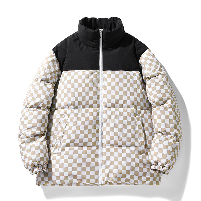 2022 new pattern lattice Down Jackets man winter lovers thickening Guochao Color matching Stand collar coat Copyright annotated)