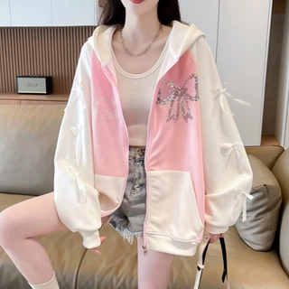 跨境拉链卫衣女宽松大码撞色蝴蝶结设计感加绒加厚开衫连帽外套女