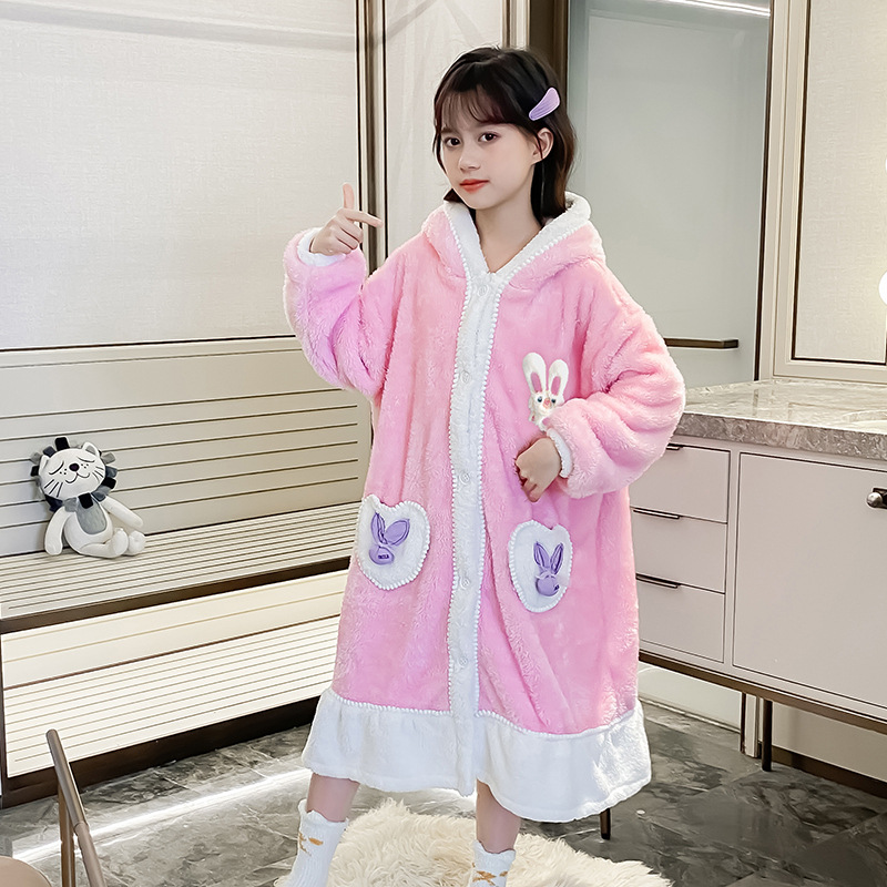 儿童珊瑚绒睡衣女童睡袍秋冬季加厚款女孩法兰绒睡裙中大童冬季加