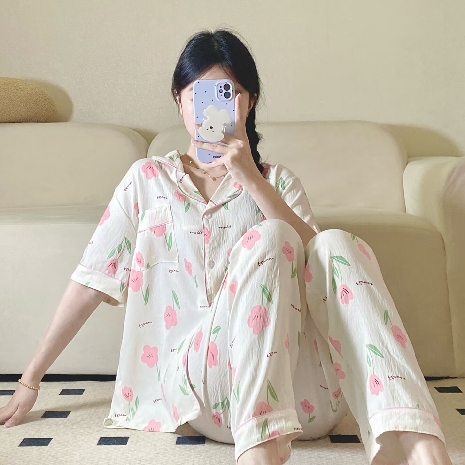Verano nuevo pijama de amor mujer adorable oso simple ocio delgado nubes algodón ropa doméstica dos piezas conjunto al por mayor