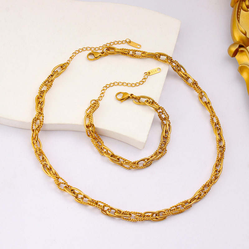 Hip-Hop Trendy European and American Style Handmade Chain Jewelry Stainless Steel Furnace Vacuum Electroplating 18K Gold Necklace Bracelet Set