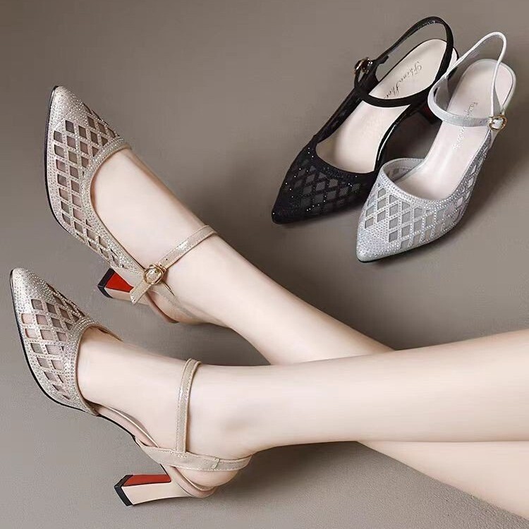 Hollow Rhinestone Women's Sandals 2025 New Summer High Heels Medium Heel Pointed Mesh Sexy Large Size Women's Sandals