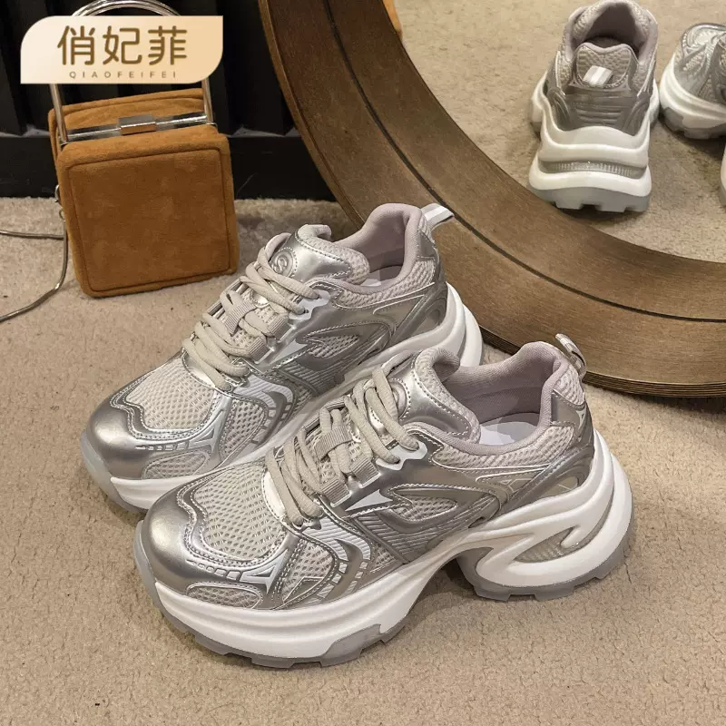 韩版小众轻便松糕厚底老爹鞋女2025新款跑步系带网纱运动休闲鞋女