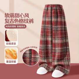女宝韩系时尚阔腿裤中大童秋冬新款加绒暖和时尚长袖格纹直筒裤潮