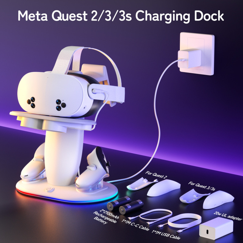 Meta Quest 2/3/3Svr Glasses Charging Dock with Battery Pack, Rgb Light, Magnetic Contact Fast Charging