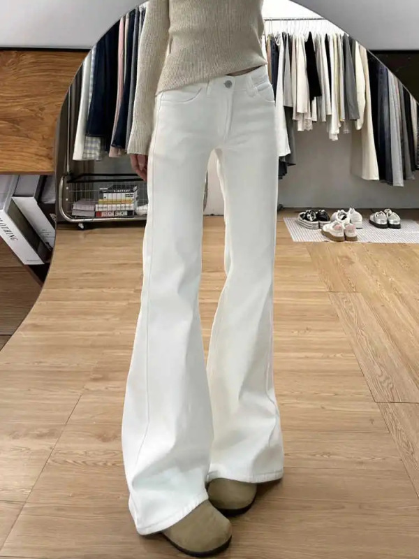 小个子美式辣妹复古白色微喇牛仔裤女新款低腰宽松显瘦喇叭拖地裤|undefined