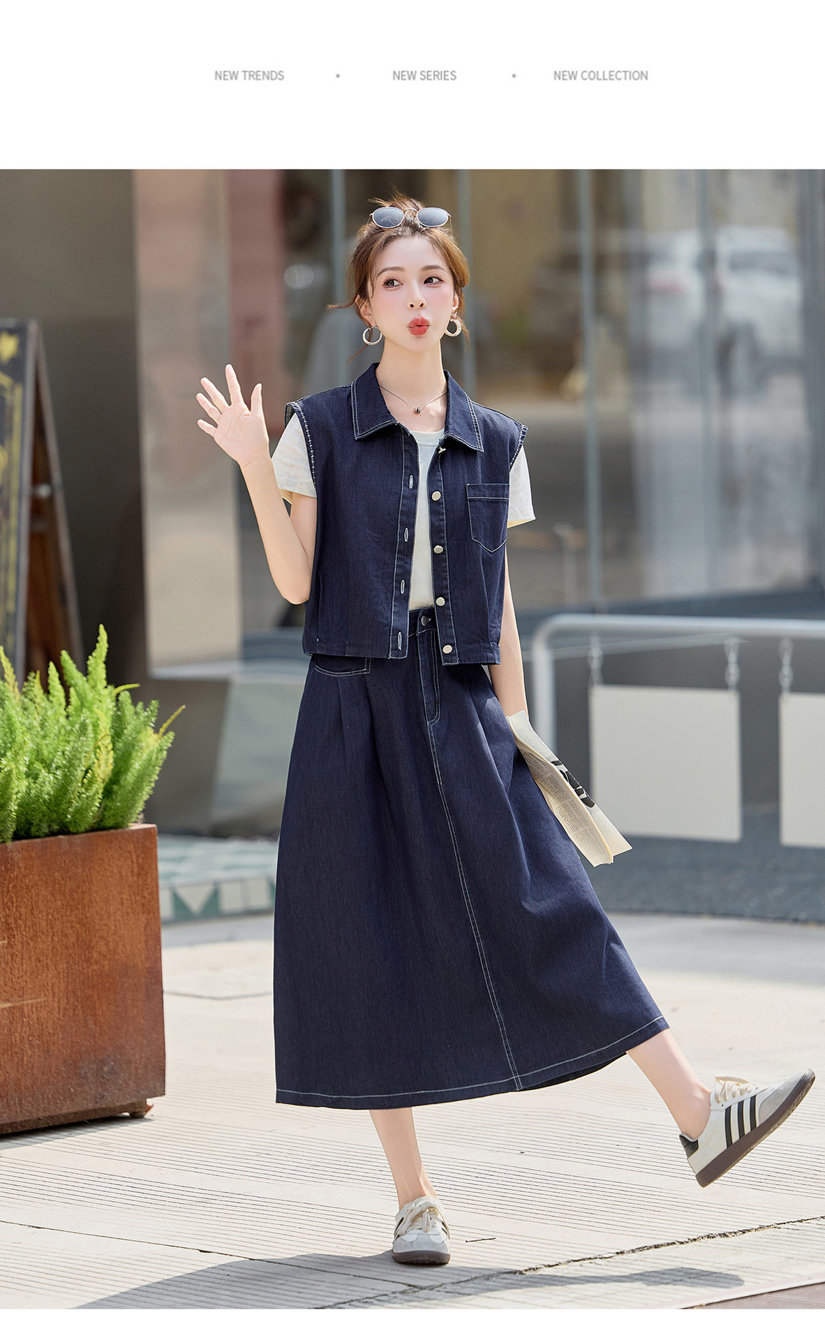 Bộ ba món thời trang nữ hè 2026: áo thun + áo khoác vest denim + chân váy midi — màu xanh nhạt, màu xanh đậm chi tiết 15