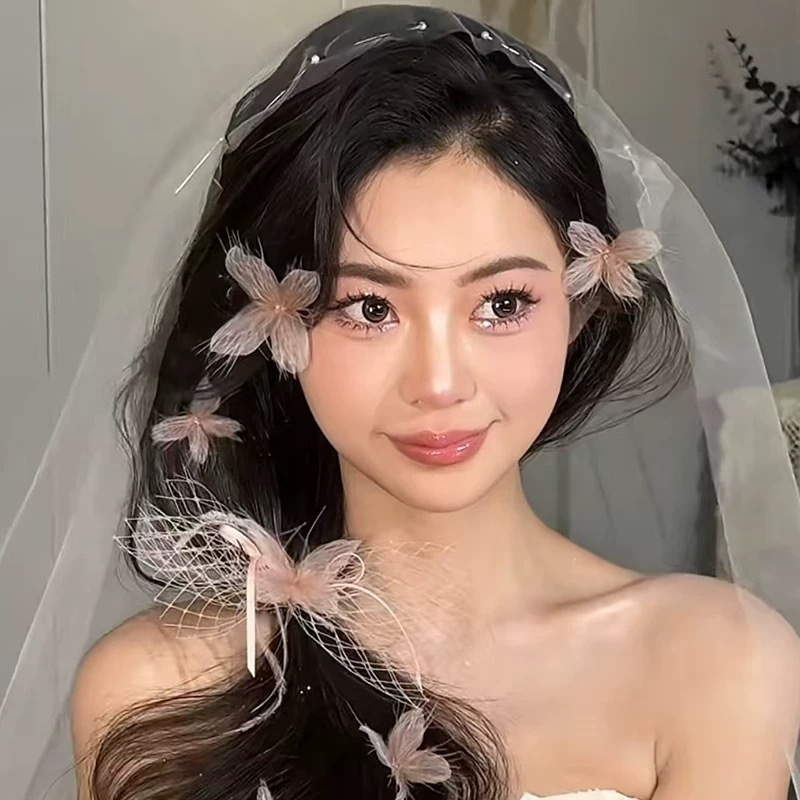 新款森系超仙珍珠羽毛温柔粉色蝴蝶发夹侧边碎发森系仙美夹子发饰|undefined
