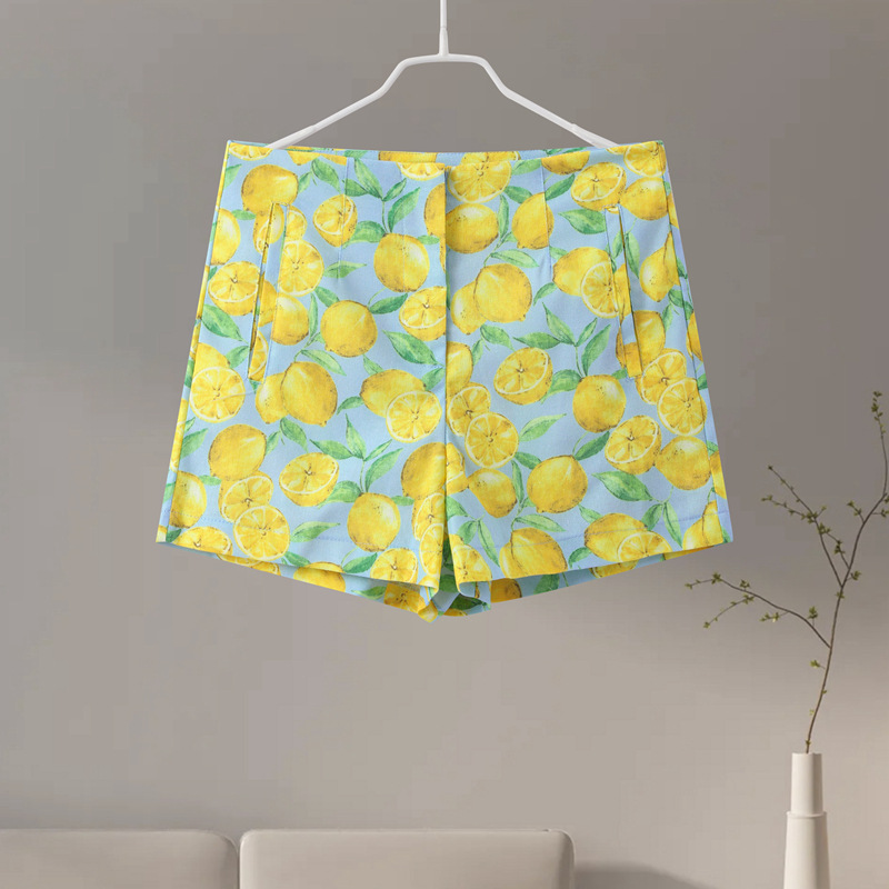 thumbnail image 1 of Nuevo traje de pantalones cortos sueltos con cordones y estampado de limones, estilo informal de vacaciones 2024, estilo popular europeo y americano, 1 of 5