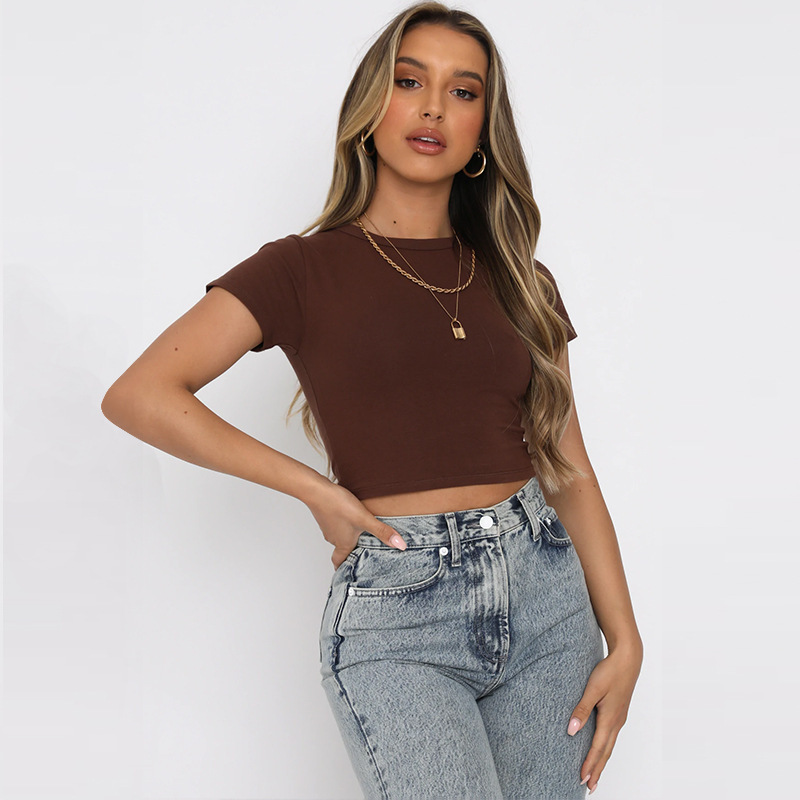 Amazon Europe and America Summer Casual Women's Solid Color Short Navel Top Cotton Elastic Slim Crewneck T-Shirt Women