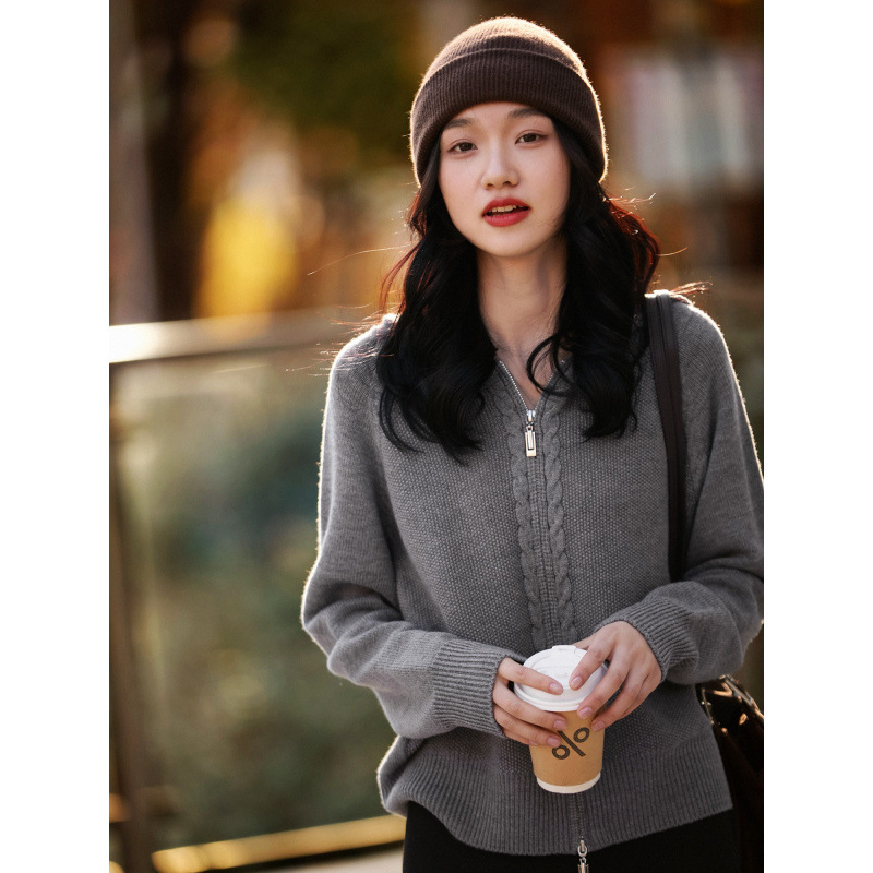 Doble cremallera capuzada jersey jersey jersey de punto Cardigan de otoño y invierno de mujer blusa holgada estilo perezoso chaqueta de punto de alta calidad image 4