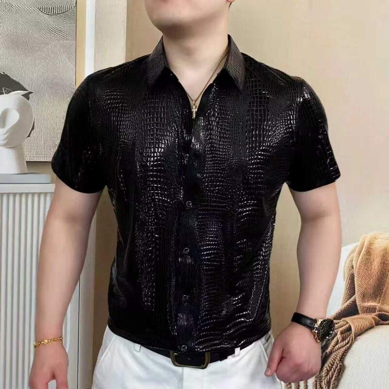 2026 Summer New Style Men's Light Luxury Crocodile Pattern Short-Sleeved Shirt Men's Lapel Fashion Business Casual Top